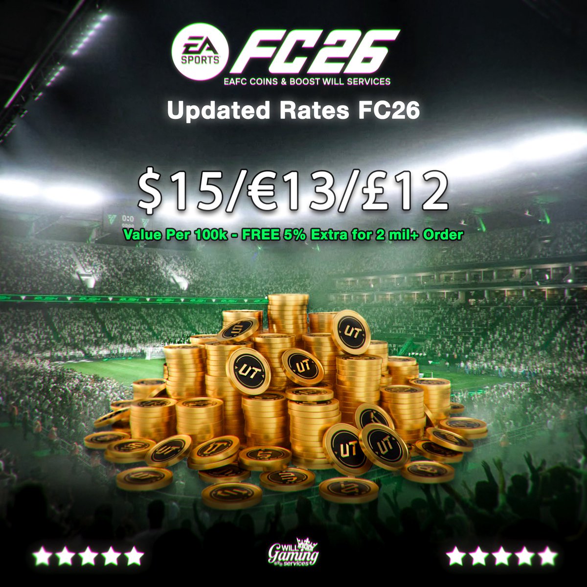 🚨We are now open selling coins for FC26 ✅

Opening Rates:
🔵 PS: $15/€13/£12 per 100k
🟢 XB: $15/€13/£12 per 100k
✅PC: $18/€16/£14 per 100k 
Bulk discounts from 1Mil+ 🫡

Send us a DM to place an order 📩
#EAFC26