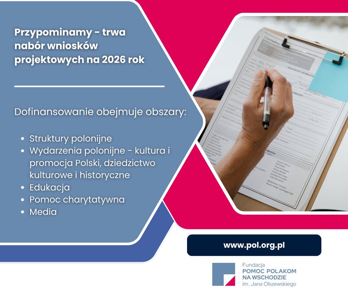 Przypominamy o trwającym naborze wniosków na dofinansowanie działań projektowych zaplanowanych na 2026 rok w obszarach:
🔸Struktury polonijne
🔸Wydarzenia polonijne
🔸Edukacja
🔸Pomoc charytatywna i socjalna
🔸Media i publikacje
pol.org.pl/2025/10/31/trw…