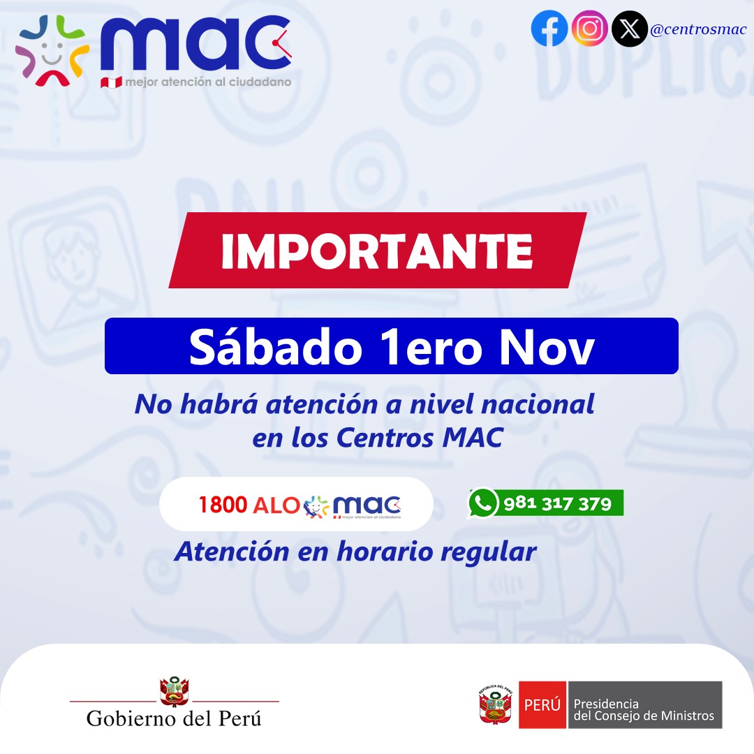 📅 Este sábado 1 de noviembre es Día de Todos los Santos 🌸💀🕯️
Por ello, los Centros MAC no atenderán a nivel nacional. ✅ Planifica tus trámites y vuelve desde el lunes.
📲 Consultas:
📞 1800 ALO MAC
💬 WhatsApp 981 317 379
#MACPerú #MejorAtención #DíaDeTodosLosSantos