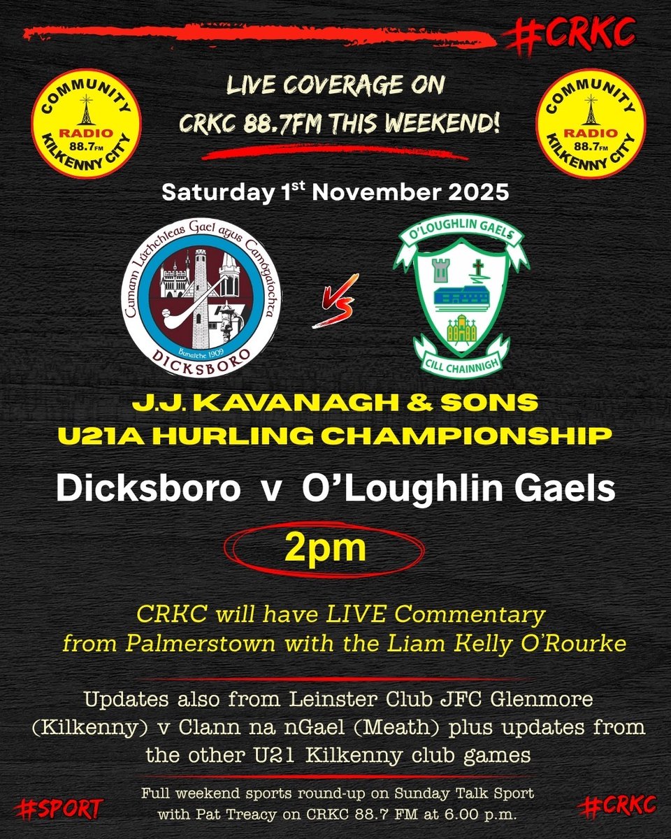 Another busy Sat. for the <a href="/CRKC1/">CRKC 88.7FM</a> Sports Team - Live coverage of the Leinster LGFA S/F &amp; the KK U21 Hurling Championship <a href="/crkcsport/">CRKC Sport 📻</a> <a href="/treacy_pat/">KCR Sport</a> <a href="/nickeybrennan/">Nickey Brennan</a> <a href="/liam_kor/">Liam Kelly O’Rourke</a> <a href="/CiaranNeary/">Ciaran Neary</a> <a href="/CiarnMuldowney/">Ciarán Muldowney</a> <a href="/ButlersHurleys/">Butlers Hurleys</a>