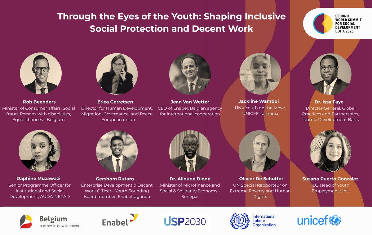 🇧🇪 Belgium joins the #WorldSocialSummit in Doha (4–6 Nov), reaffirming its commitment to multilateralism &amp; social justice.
💡Don’t miss our session “Through the Eyes of the Youth” with <a href="/ilo/">International Labour Organization</a>  &amp; <a href="/UNICEF/">UNICEF</a>.
📅 Nov 4 | 🕓 16:45–18:00 
🔗 More info: t.ly/1EKkm