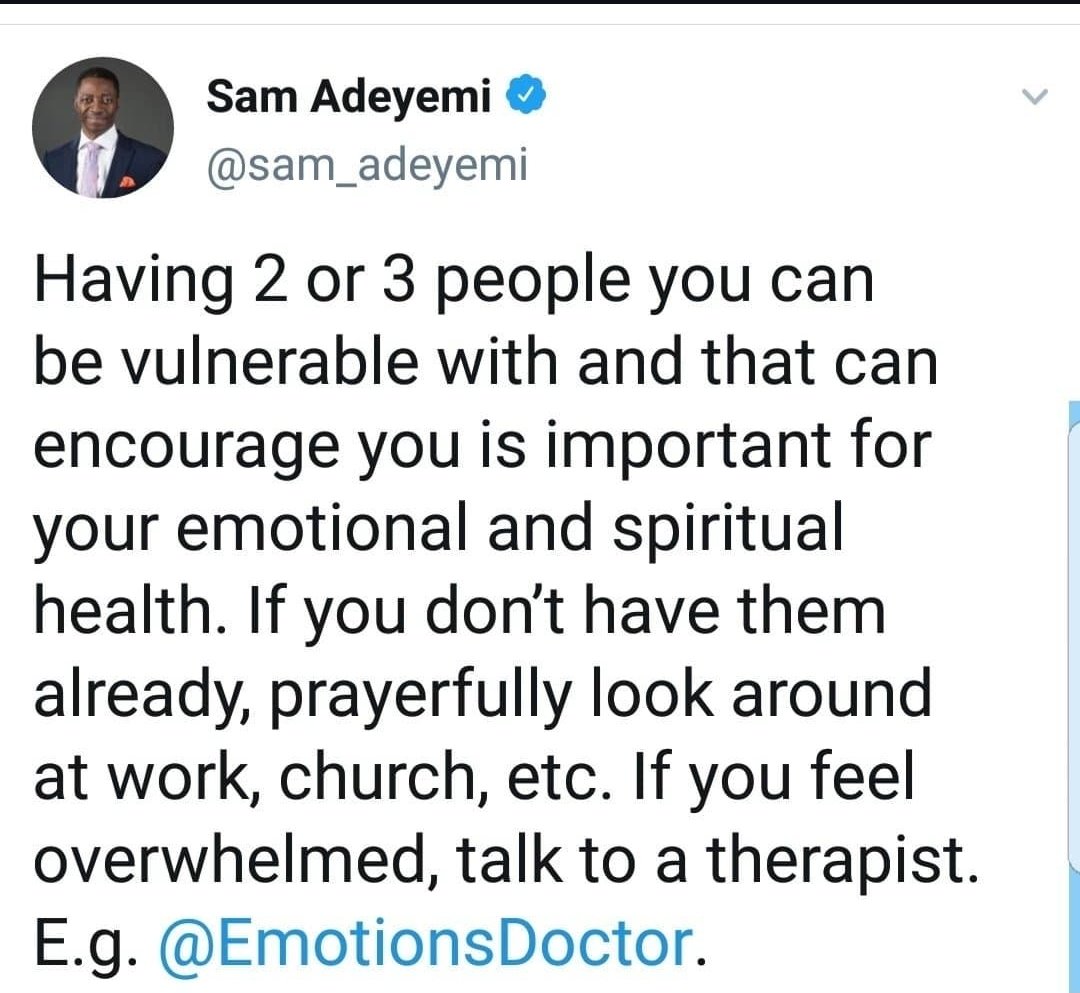 4 years ago, Dr. <a href="/sam_adeyemi/">Sam Adeyemi</a> made this tweet about me. I had just finished having a vulnerable conversation with God in my room  that ended with the words "Please mention my name where it matters". This was after I lost a deal that day because I chose not to compromise. An hour