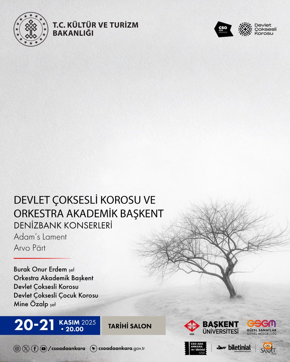 🎶✨ Bu yıl dünyaca ünlü besteci Arvo Pärt’in 90. yaşını kutluyoruz! 

20-21 Kasım’da, 2010 yılında İstanbul’da prömiyeri yapılan “Adam’s Lament” eseri, Orkestra Akademik Başkent ve Devlet Çoksesli Çocuk Korosu ile birlikte, Burak Onur Erdem yönetiminde seslendirilecek.