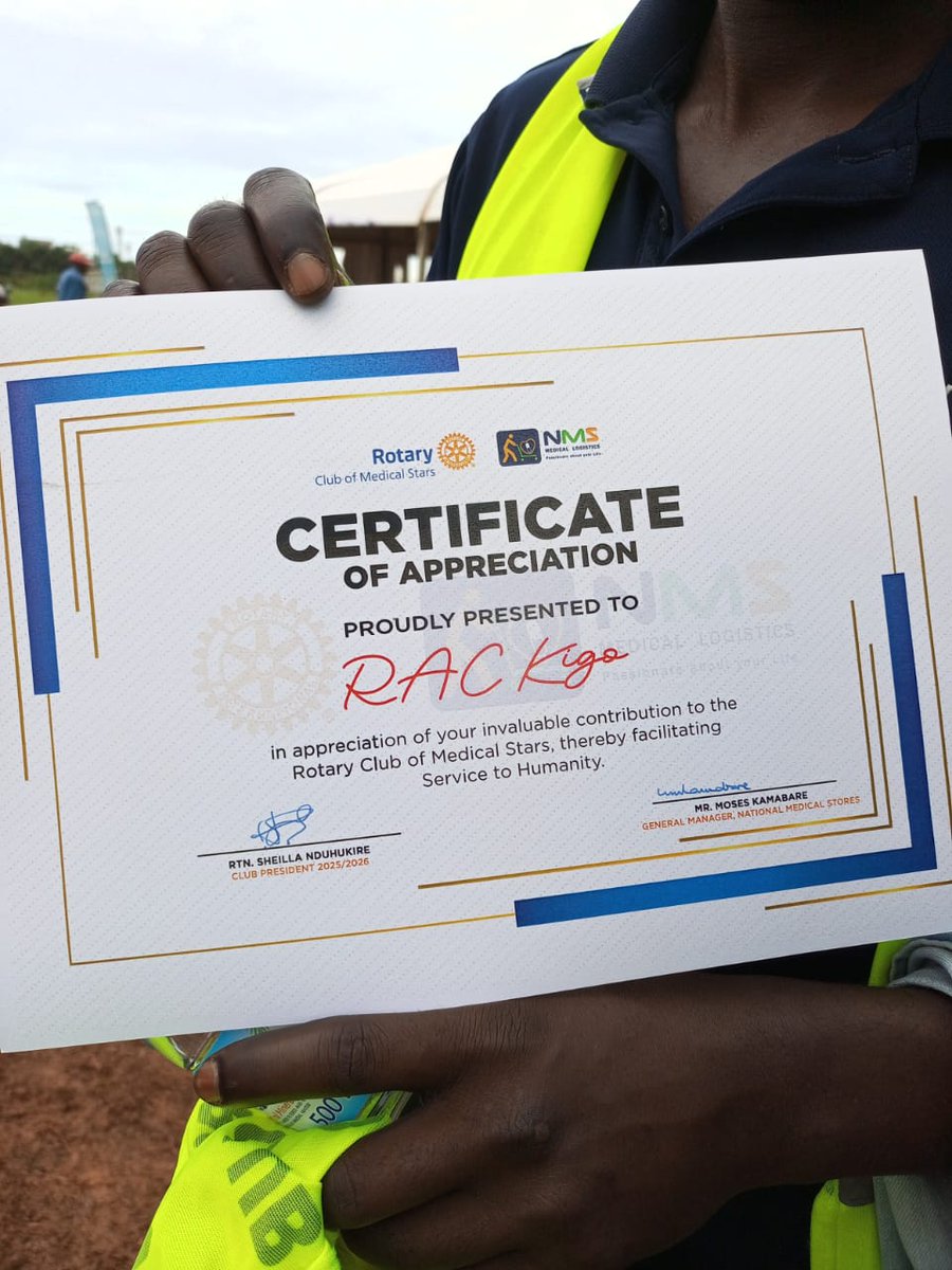 Honored and grateful! 
RAC Kigo proudly received a Certificate of Appreciation from the Rotary Club of Medical Stars and NMS for our dedicated contribution toward Service to Humanity. Together, we continue to make a difference.”
