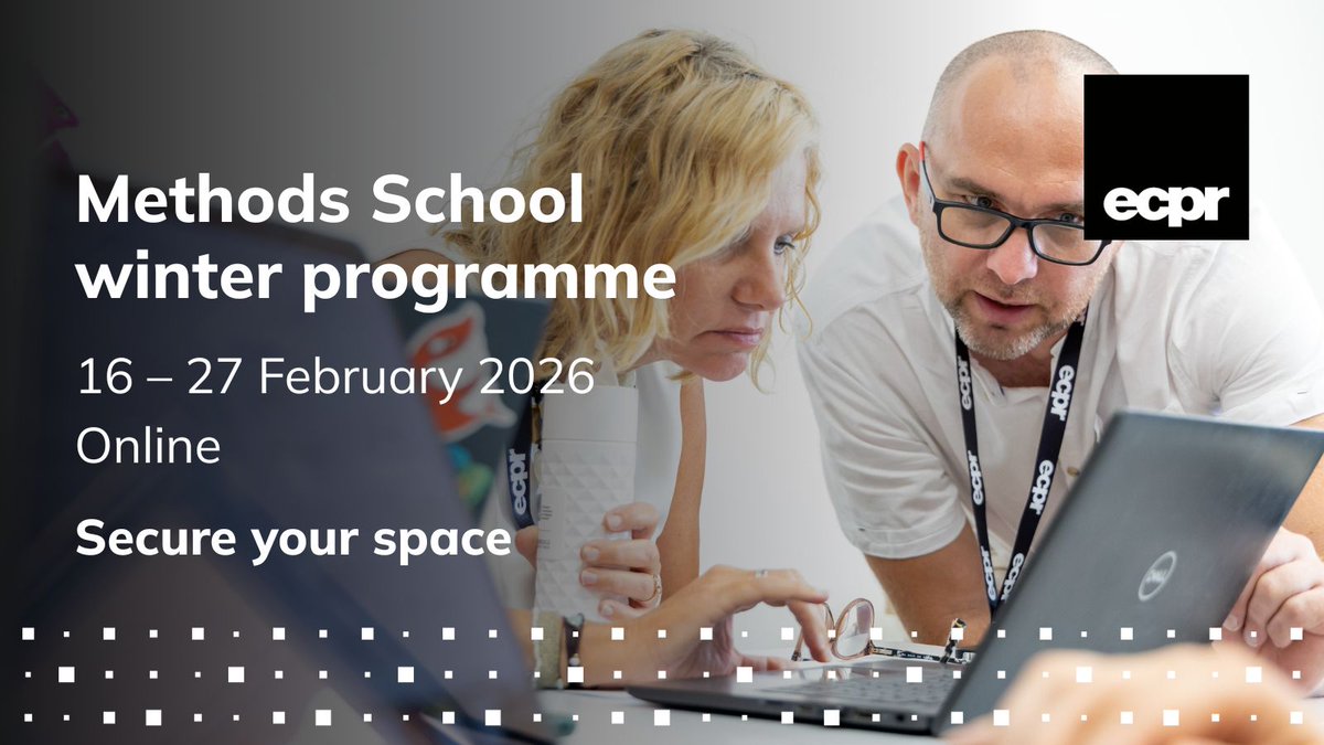 ECPR's tweet image. 📣 Registration now OPEN for our Methods School winter training programme! #ecprms

📆 16–27 Feb 2026, Online

🐦 Early Bird: Save £55 on your booking until 5 Jan ecpr.eu/Events/Academi…

⭐Affiliated with a Member institution? Get an additional 50% off #ECPRMemberPerks #JoinECPR
