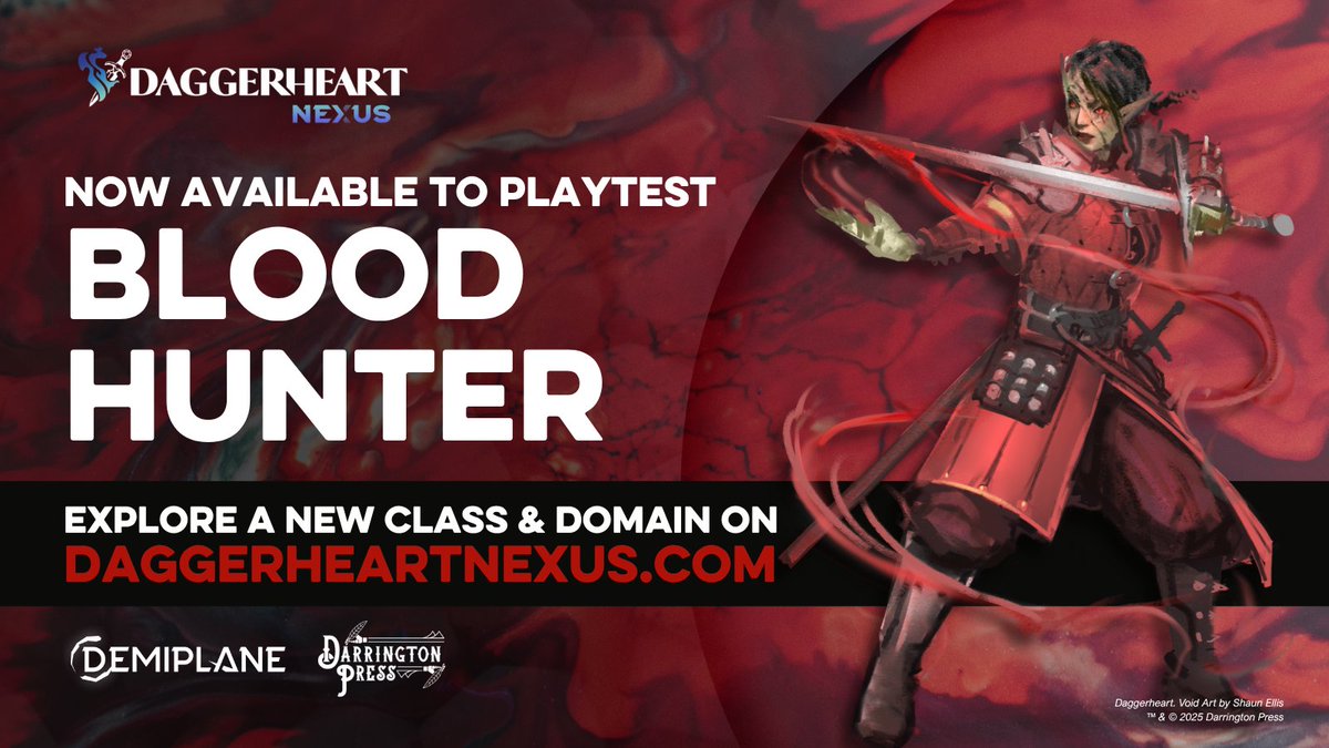 DemiplaneRPG's tweet image. A little #Daggerheart Halloween treat from @DarringtonPress! 🩸

⚔️ As a Blood Hunter, you&apos;ll harness the power of hemocraft - better known as &apos;blood magic&apos; - by exploring one of three new subclass options!

Try Blood Hunter on Demiplane for free ▶️ app.demiplane.com/nexus/daggerhe…
