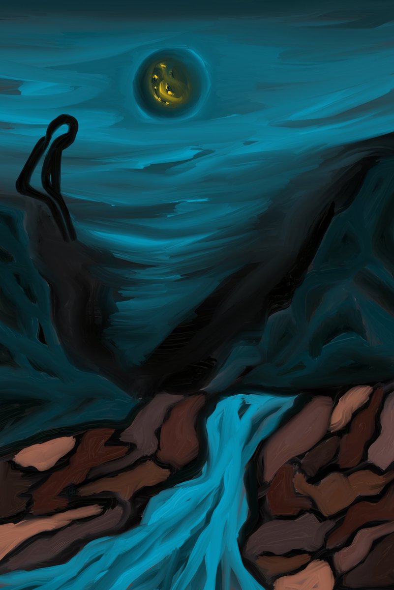 هذه اللوحة هي تجمّع لأفكار ومشاعر مختلطة، لست أطمح من خلالها لإبراز أي جمالية، لأني أثناء رسمها لم أضع في حسباني أي معيار فني أو إبداعي، رسمت بإحساس صرف.. قد تبدو غريبة أو غير منطقية، وهي فعلا كذلك لأنها انعكاس لعقدة كبيرة أحاول فكّ خيوطها..