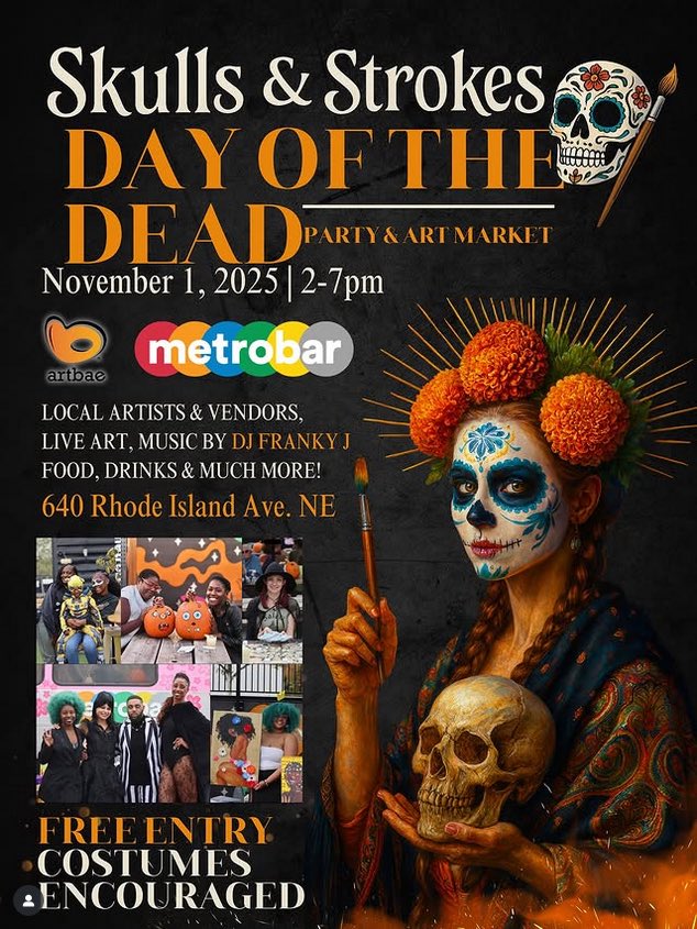 metrobardc's tweet image. Celebrate Día de los Muertos at #metrobardc all day Sat 12PM-1AM at our Skulls &amp;amp; Strokes @ArtbaeOnline Market 🎨 and Goza Fotos y Recuerdos 🎶 celebrations plus Bryant Street Día de los Muertos Festival 💀, w/ Specialty Cocktails 🍹, Taqueria Habanero 🌮 , and Community altar 🕯️!