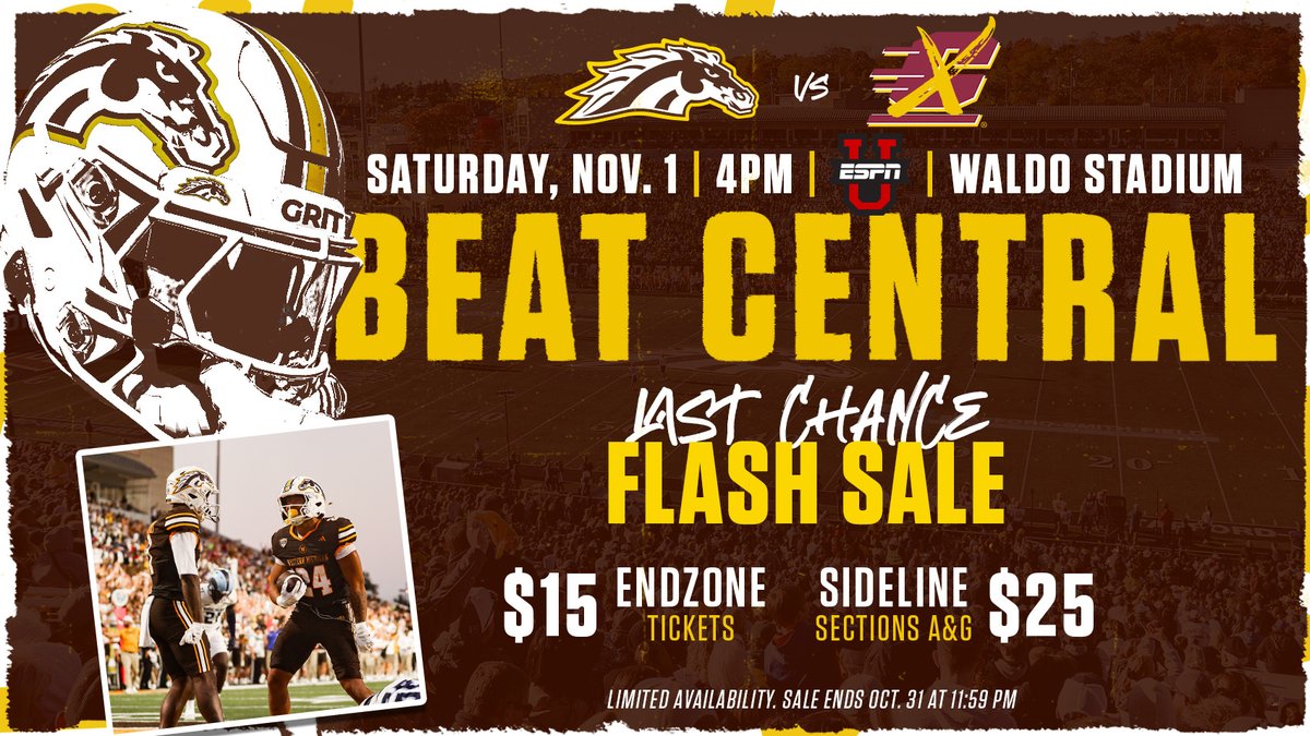 WMUBroncos's tweet photo. No tricks here - grab a  special offer ticket for @WMU_Football tomorrow!
$25 Sideline 🎟️ https://t.co/aUXQuHDaqI
$15 Endzone 🎟️ https://t.co/2BAB1zl0gY

#BeatCentral #SellOutWaldo https://t.co/aZmOtvfdre