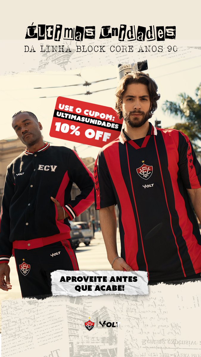 ECVitoria's tweet photo. PROMOÇÃO para quem carrega o Leão no corpo e no estilo!

A coleção Block Core é inspirada nos anos 90: alma rubro-negra, atitude de quem nunca desiste. 

Acesse https://t.co/sXV43n49ty e use o cupom ULTIMASUNIDADES para garantir 10% OFF. 🛒 

#ECVitória #BlockCore #VoltSport #VoltClassics90”
