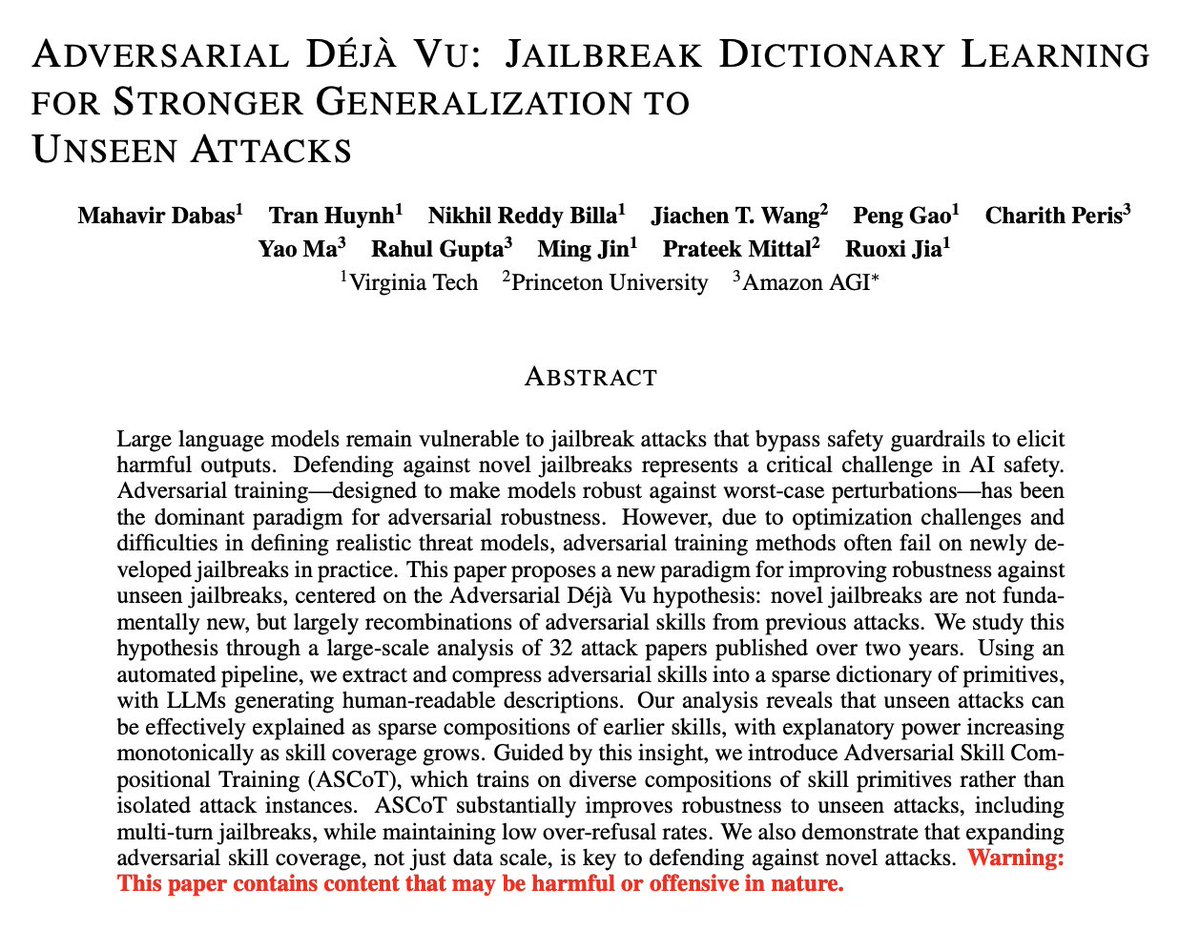 Mahavir_Dabas18's tweet image. Claude Skills shows the power of leveraging skill catalogs at inference time.
Our new paper shows that skills can transform AI safety too 🔒

🚨 Adversarial Déjà Vu: Jailbreak Dictionary Learning for Stronger Generalization to Unseen Attacks
We find that most “new” jailbreaks…