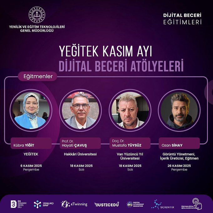 Purple-themed graphic with official YEĞİTEK logo at top left and Digital Skills Workshops title in large white text on purple background. Four headshots below: woman in headscarf named Kubra Yildirim, man in glasses named Haydar Cavas, man named Musa Turan, man named Ozan Say. Dates listed underneath: 18 November 2025 for Hakkari University, 18 January 2026 for Van Yuzuncu Yil University, 28 February 2026 for Gazi University. Bottom features badges for eTwinning, BISTCED, and TUBITAK STEM.