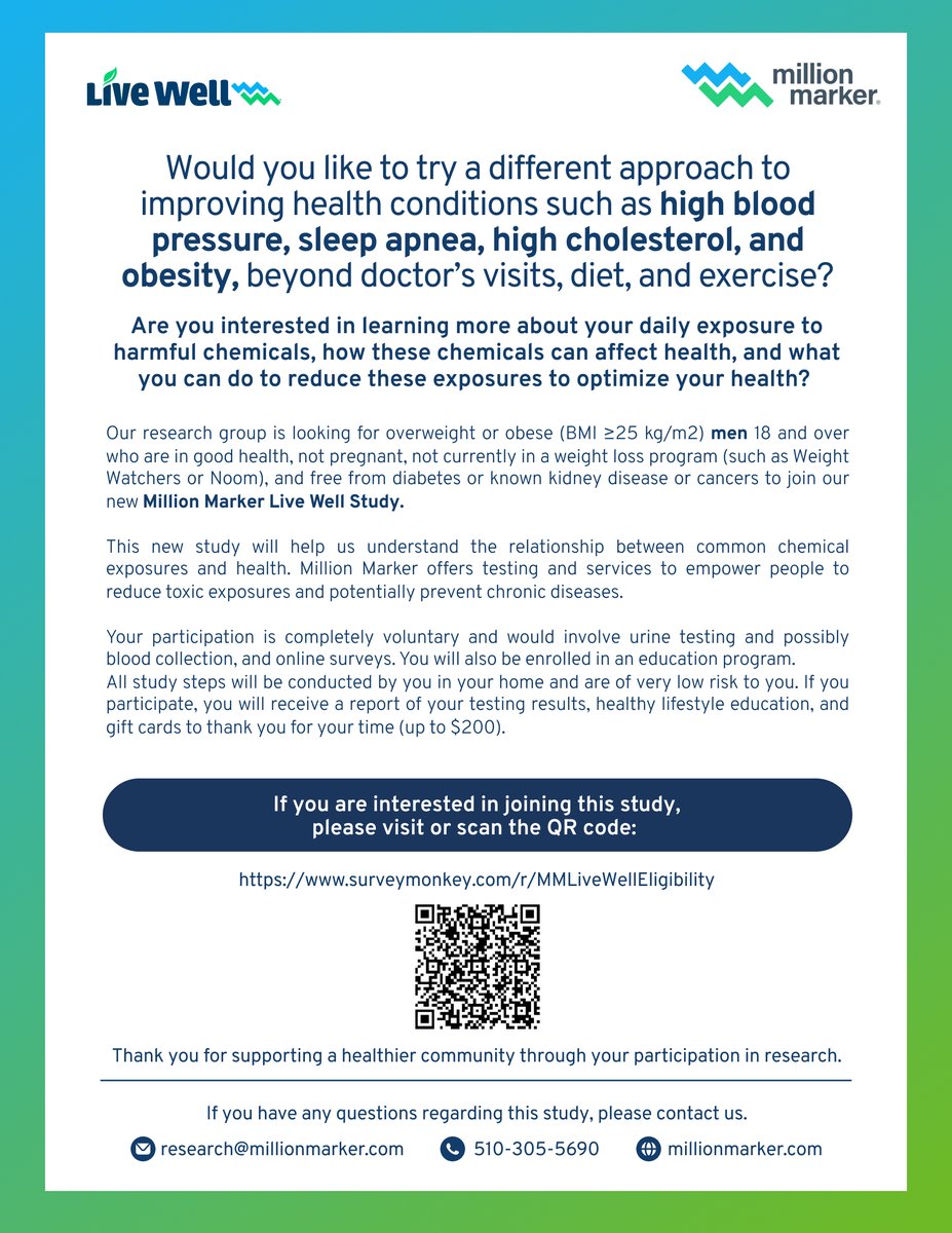 Million_Marker's tweet photo. Men 18+ with BMI ≥25: Join the Million Marker Live Well Study! Help us learn how chemical exposures impact health, including high blood pressure, sleep apnea, obesity, and more. 

All at-home, low risk, earn up to $200.

Take our brief eligibility survey: https://t.co/wKoXltQZBH https://t.co/Af1pF4hEQx