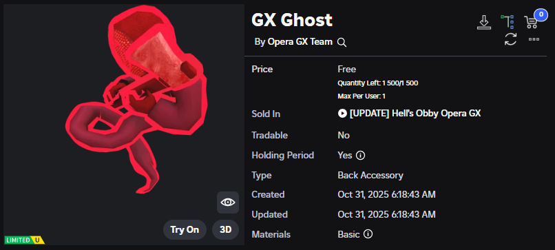 Xh0PlUgc's tweet image. 🔴New limited item &lt;&lt; Hell’s Obby Opera GX &gt;&gt;
📦Stock: 1,500
❗How to get it: You need to play for 15 minutes, leave a favorite and like, come back tomorrow, and then you can get it.
➡️roblox.com/catalog/138103…
➡️roblox.com/games/89217394…
#Roblox #RobloxDev #RobloxFreeUGC…