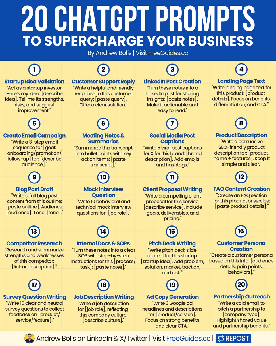 AndrewBolis's tweet image. Wasting hours on manual work tasks?
Use these 20 ChatGPT prompts for faster writing, planning, and everyday work tasks.
(remember to 🔖 bookmark for later)
The following is included:
1. Prompt to test and refine business ideas
2. Template to draft customer replies and…