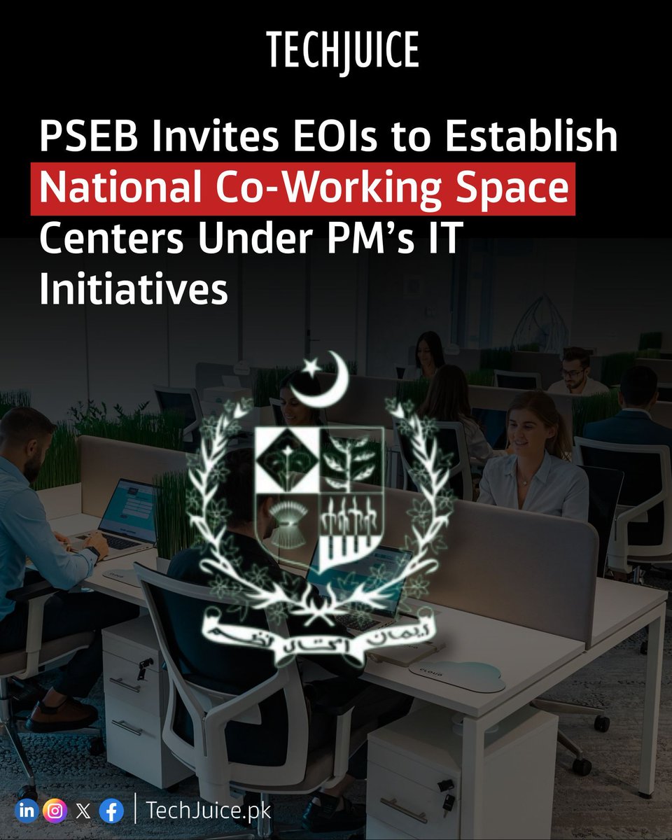 TechJuicePk's tweet image. PSEB Invites EOIs to Establish National Co Working Space Centers Under PM’s IT Initiatives.

#techjuice #pseb #pakistan #coworkingspace #itindustry #startups #freelancing #digitalpakistan #technology #innovation #technews