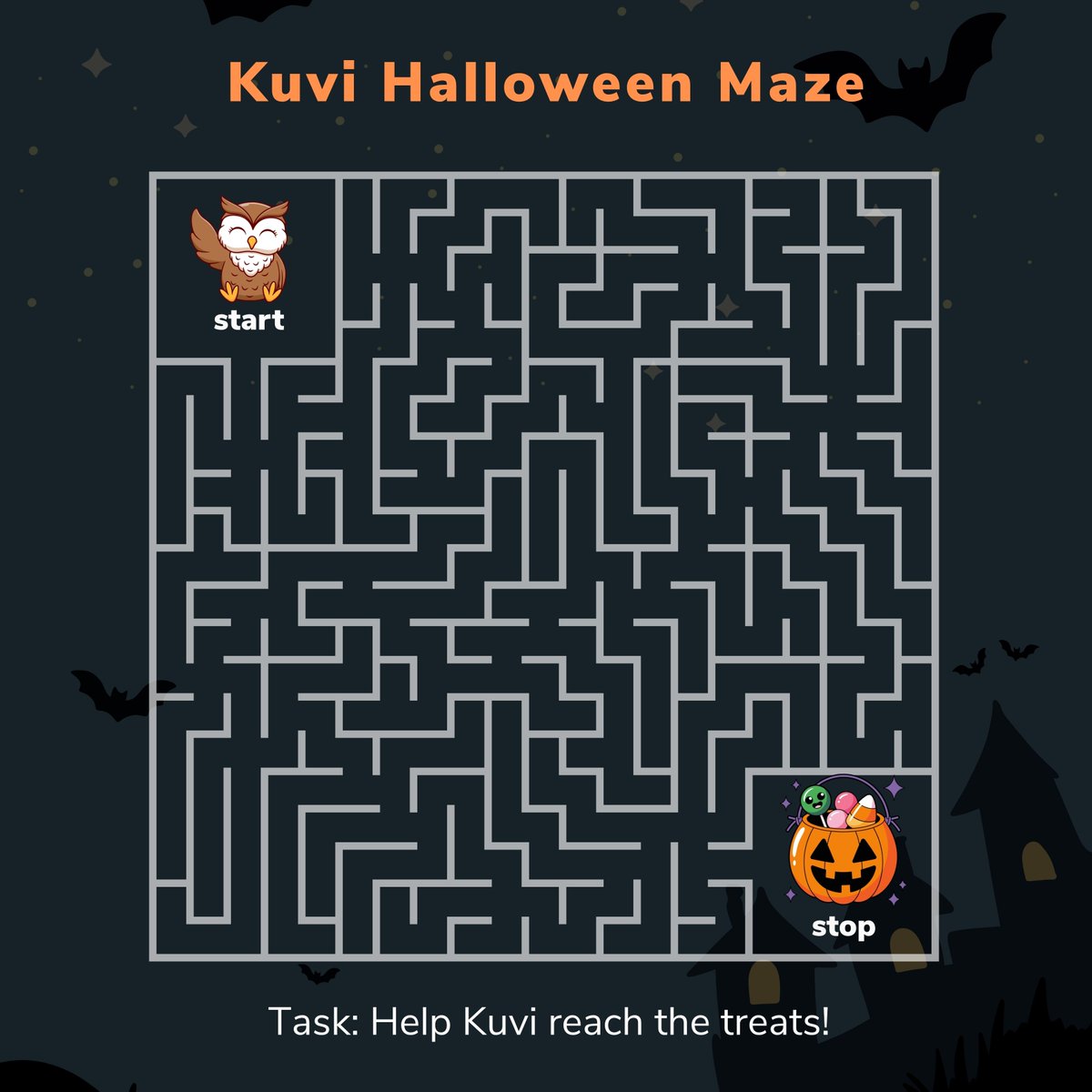 kuvilabs's tweet image. 🎃 Kuvi Halloween Maze Challenge! 🎃
Hoot hoot owlies! It's spooky season, and we've got a fun Halloween maze for you to solve. Help our wise owl Kuvi navigate through the twists and turns to reach the delicious treats! 🦉➡️🍬
How to Enter:
1. Solve the Maze: Trace the path…