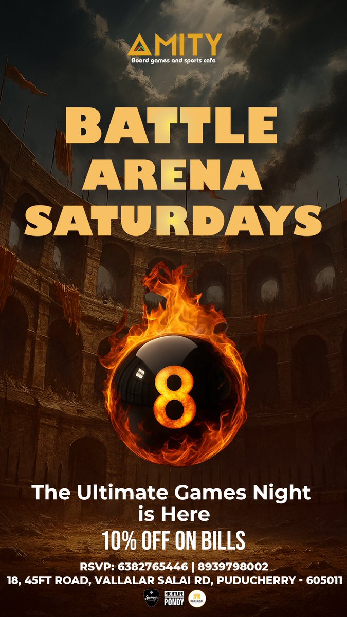 bonjourpondi's tweet image. 🎮 Battle Arena Saturdays at AMITY 
🔥  The ultimate games night is here 
💸  Enjoy 10% OFF on bills 
📍    18, 45FT Road, Vallalar Salai, Puducherry 
📞  RSVP: 6382765446 / 8939798002 
#BoardGames #Foosball #PondyEvents #AMITYCafe