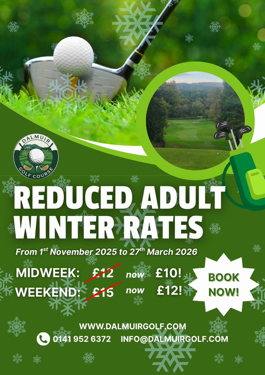 ❄️⛳️NEW WINTER RATES FOR ADULTS⛳️❄️

We are excited to announce that as of 1 November 2025, we are offering new discounted rates for adults until 27 March 2026🏌️

Midweek: £12 ➡️ £10!
Weekend: £15 ➡️ £12!

💻Book online now at dalmuirgolf.com or call 0141 952 6372!