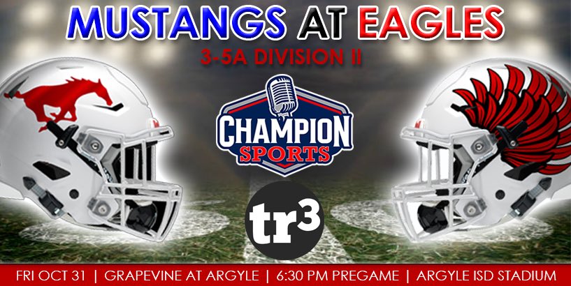 District play continues tonight for <a href="/GHSMustangsFB/">GHSMustangsFootball</a> as they play at #5 <a href="/argylegridiron/">Argyle Football</a>! If you can't be there, watch the game with us and <a href="/tr3dio/">tr3dio</a>! 

🏈3-5A DII
⏰7PM
📍Argyle ISD Stadium
🎙️<a href="/Mason26Doc/">Mason Dougherty</a> &amp; @_DrewDoc_
📺 youtube.com/watch?v=IpuvQ4…