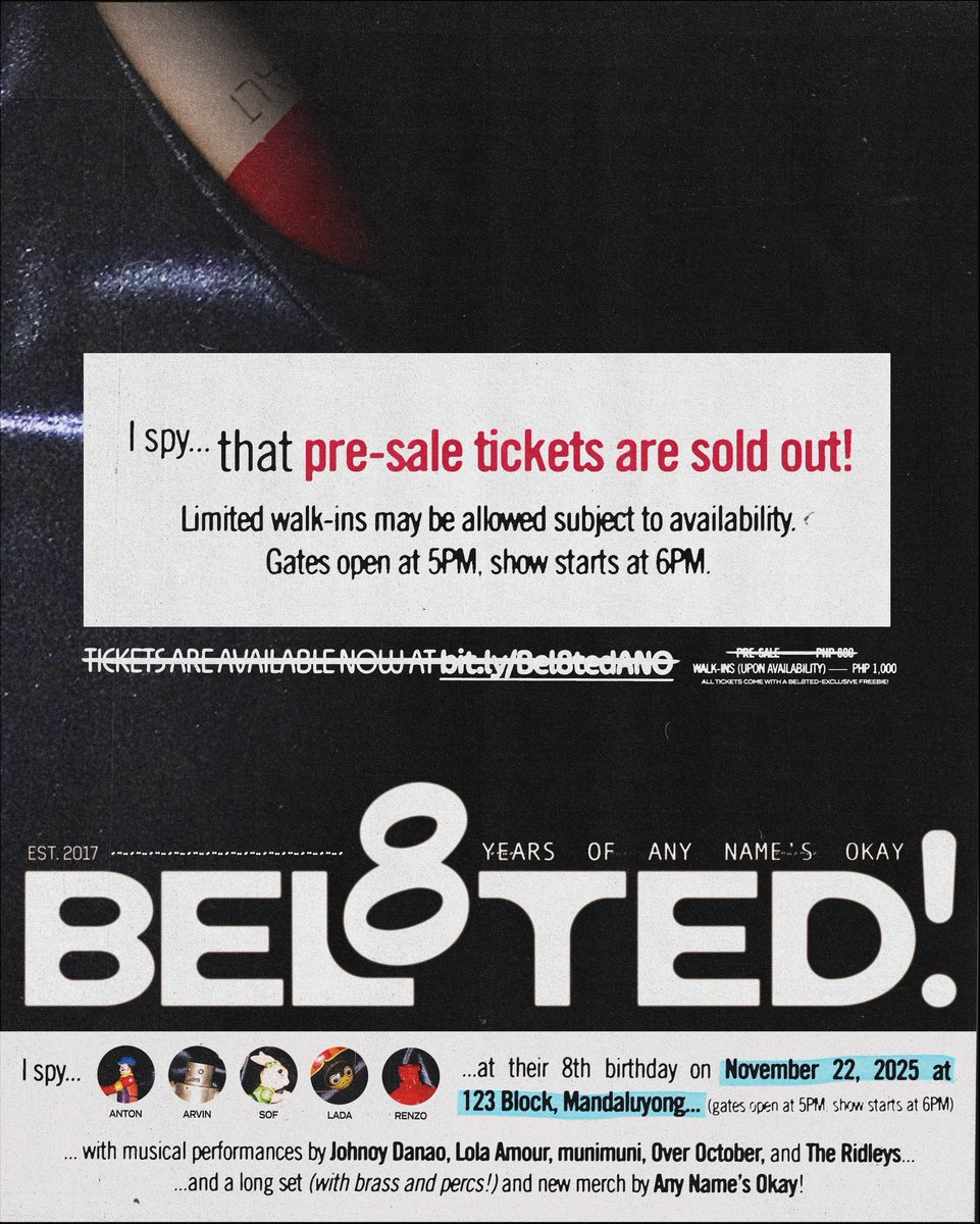 AnyNamesOkay's tweet photo. UPDATE: PRE-SALE TICKETS ARE SOLD OUT! 🎉

❗️WALK-IN AVAILABILITY IS NOT GUARANTEED.
Stay tuned via @anynamesokay and @syqlprod for updates.

Reminders:
⚫️ This is a standing-only gig. https://t.co/HRqpVMrcPS