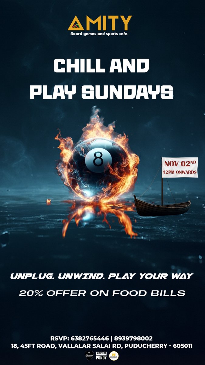 bonjourpondi's tweet image. 🎮 Chill and Play Sundays at AMITY 
🕛 Nov 2nd, 12PM onwards 
🍽️ 20% OFF on food bills 
 📍   18, 45FT Road, Vallalar Salai, Puducherry 
 📞 RSVP: 6382765446 / 8939798002 
#BoardGames #Foosball #PondyEvents #AMITYCafe
