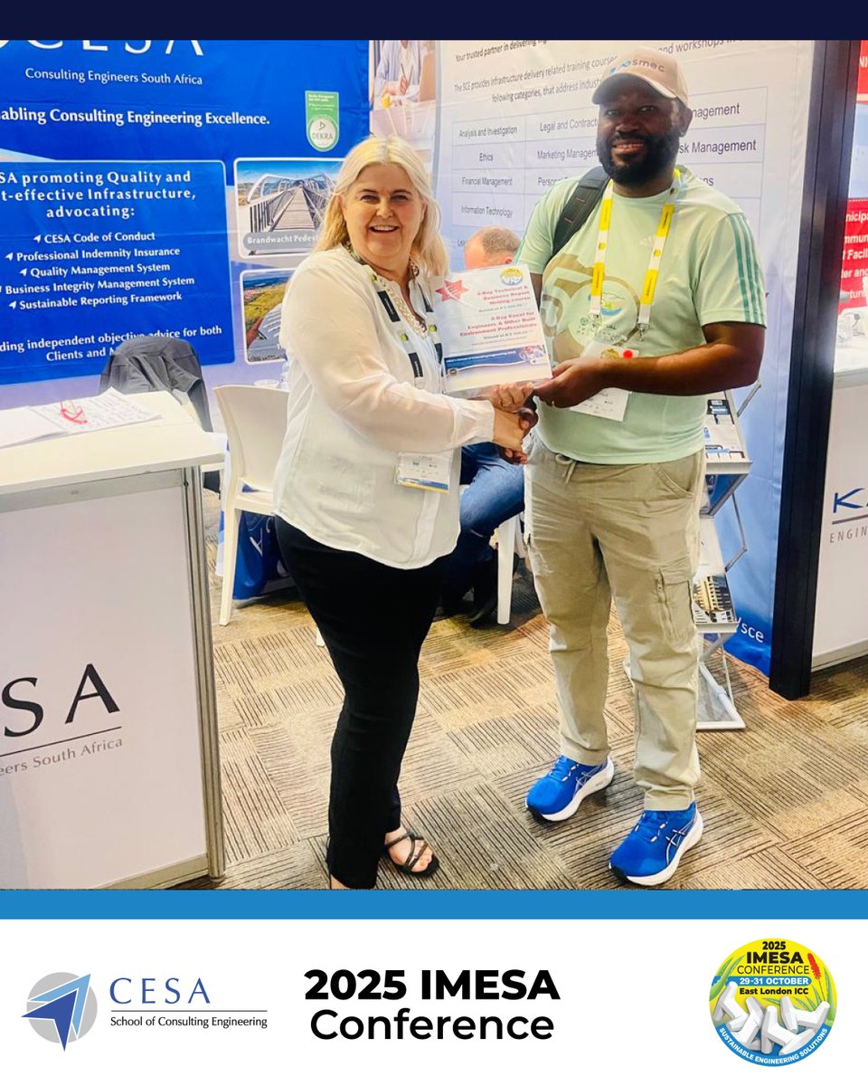 The winners of our lucky draw, held at #IMESA2025, walked away with courses from us at the CESA School of Consulting Engineering: Sammy Makoti – Vionon Group (pictured), Wanda Mtshize – Alfred Nzo District Municipality &amp; Wandisile Kubai – <a href="/CityofCT/">City of Cape Town</a>. Congratulations!

#SCE