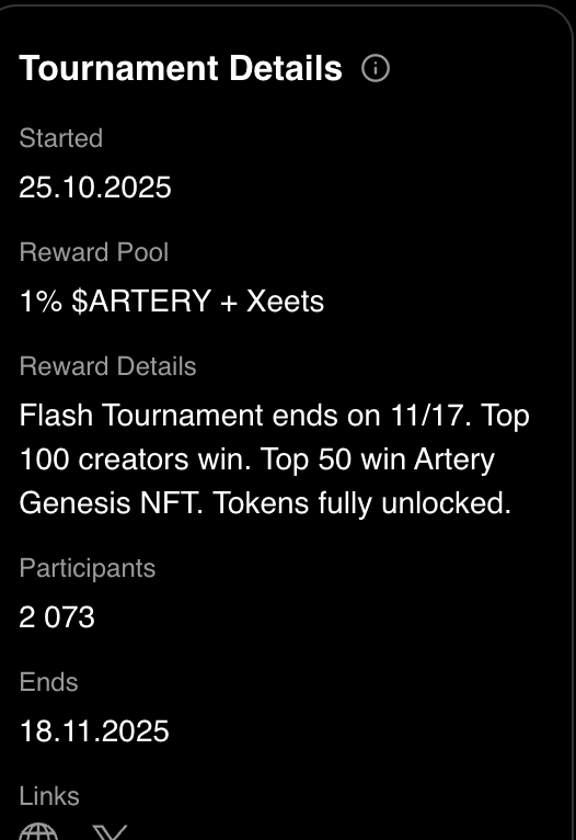 1% $ARTERY + Xeets
Flash Tournament ends on 11/17. Top 100 creators win. Top 50 win Artery Genesis NFT. Tokens fully unlocked.