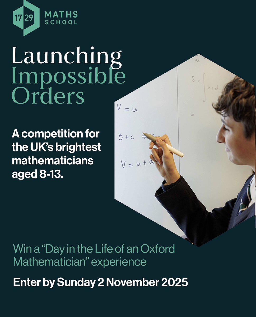 UKMathsTrust's tweet image. Do you know a talented problem solver aged 8-13?
Our friends at 1729 Maths School have launched an exciting competition, ‘Impossible Orders’, for the UK’s brightest young mathematicians. It’s a brilliant opportunity for curious minds who love a challenge to test their skills…