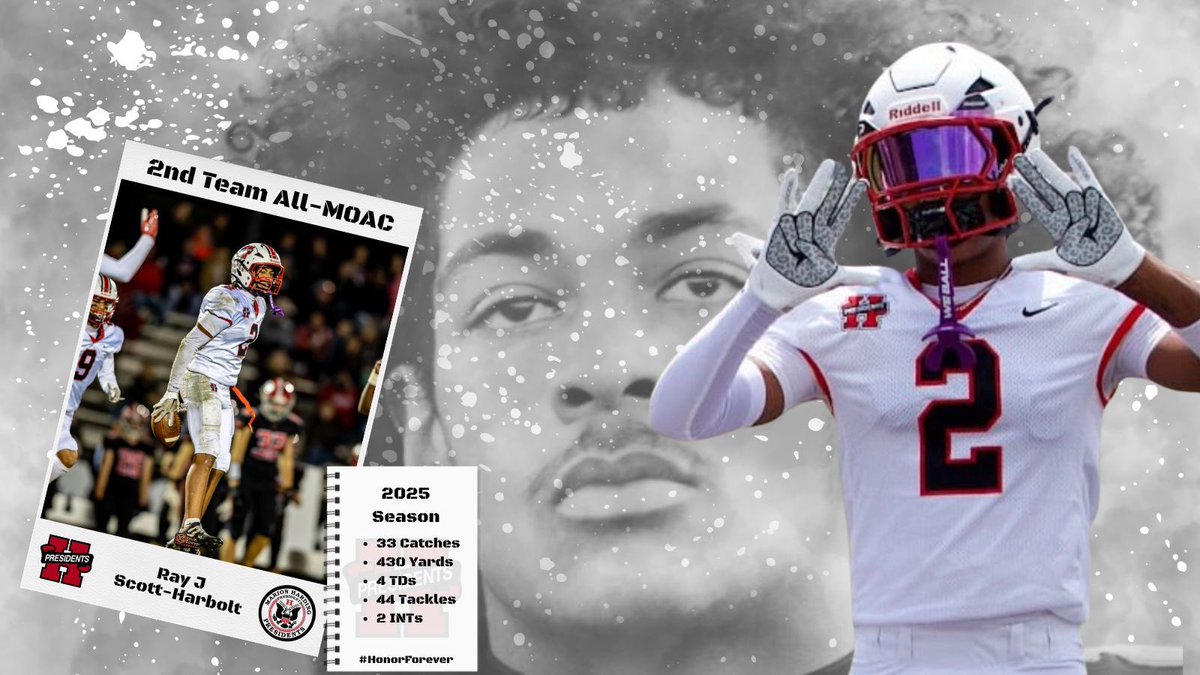Congratulations to Ray J Scott-Harbolt on being named All MOAC 2nd Team after starting at WR all season and being a force on defense for us playing wherever the team needed him! Ray J was a playmaker on the edge all season long! 

#DTR #HonorForever