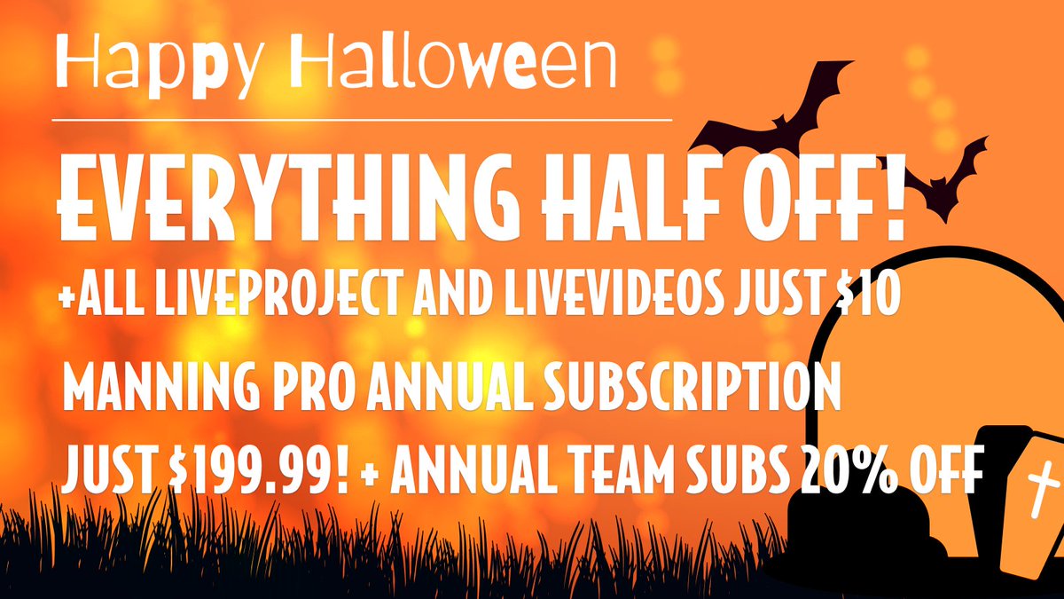 fbuontempo's tweet image. @ManningBooks have a half price sale Halloween SALE from Friday, October 31, to Sunday, November 2. Consider my Learn #Cpp by Example book: mng.bz/2KXw