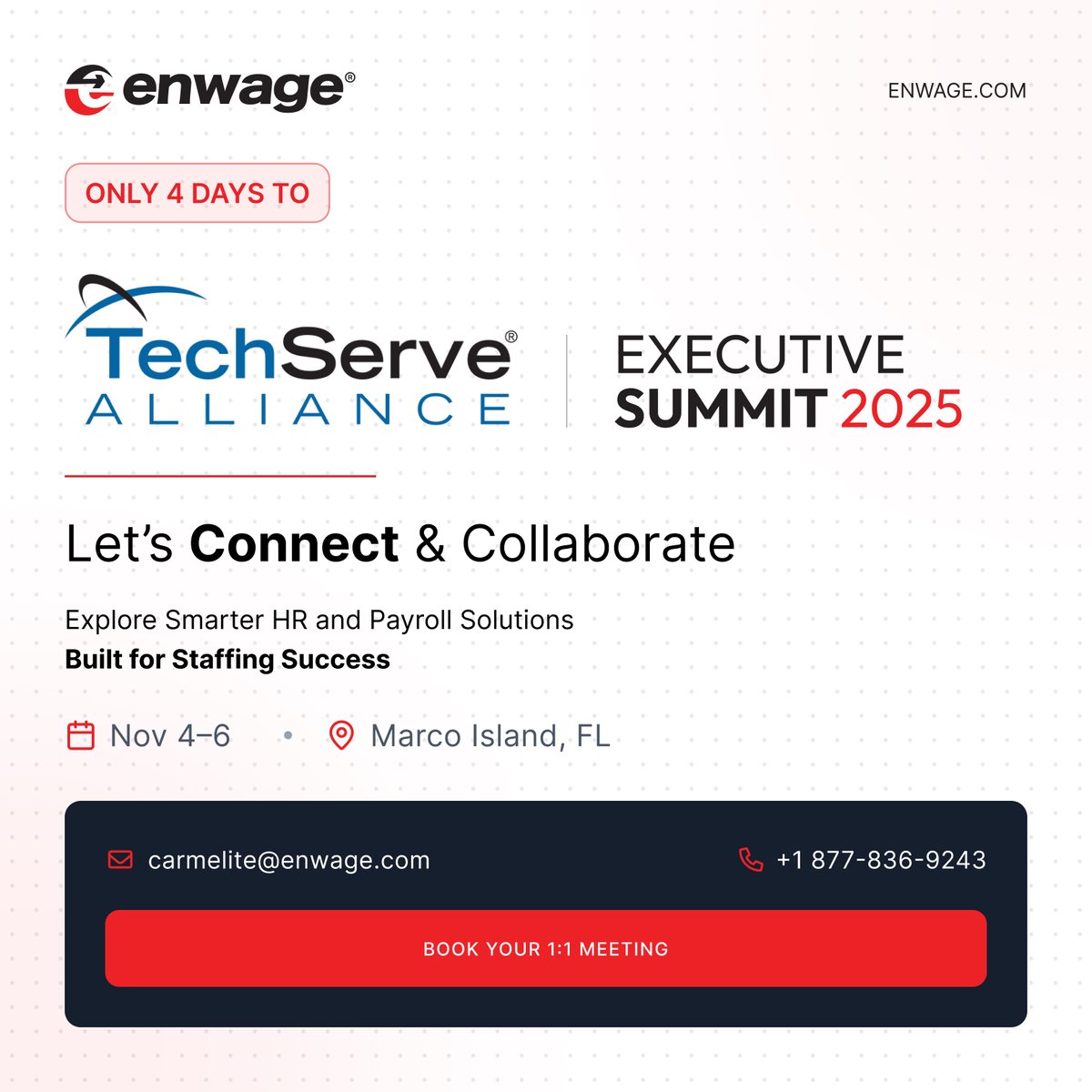 EnwageOfficial's tweet image. 𝐎𝐧𝐥𝐲 4 𝐃𝐚𝐲𝐬 𝐔𝐧𝐭𝐢𝐥 𝐭𝐡𝐞 𝐓𝐞𝐜𝐡𝐒𝐞𝐫𝐯𝐞 𝐀𝐥𝐥𝐢𝐚𝐧𝐜𝐞 𝐄𝐱𝐞𝐜𝐮𝐭𝐢𝐯𝐞 𝐒𝐮𝐦𝐦𝐢𝐭 2025!

We’re excited to connect with staffing and technology leaders at one of the industry’s most influential events.

#TechServe2025 #ExecutiveSummit #StaffingSolutions