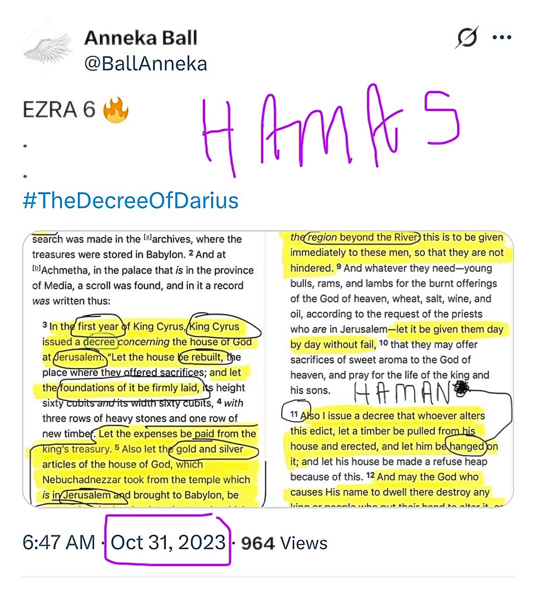 BallAnneka's tweet photo. A type and shadow of the demise
of HAMAN in the overlapping and
nuanced historical timeline of the
books of Ezra and Esther. Both
books display God’s faithfulness
(as per the Abrahamic covenant:
see Genesis 12), the promise of
restoration and the 𝓫𝓮𝓪𝓾𝓽𝔂 of
God’s providence. https://t.co/oRimbaINbg