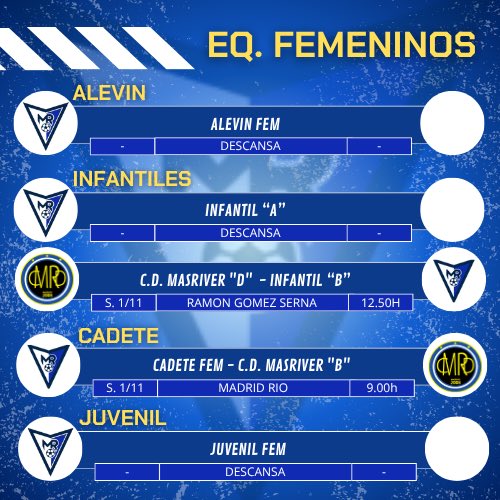 CFMadridRio's tweet photo. 📣 ¡Semana de Fútbol! ⚽💥 Prepárate para vivir toda la emoción de los partidos de esta semana 🗓️🙌
🏟️ Ven a apoyar a tu equipo y disfruta del mejor ambiente 💪🎉 💙❤️ No te lo pierdas, ¡cada gol cuenta! https://t.co/tbqWv7tRid