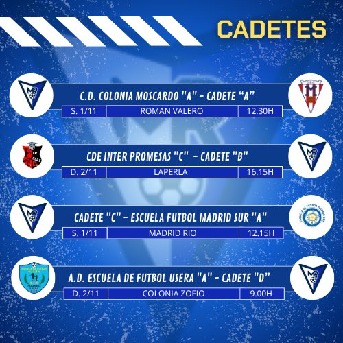 CFMadridRio's tweet photo. 📣 ¡Semana de Fútbol! ⚽💥 Prepárate para vivir toda la emoción de los partidos de esta semana 🗓️🙌
🏟️ Ven a apoyar a tu equipo y disfruta del mejor ambiente 💪🎉 💙❤️ No te lo pierdas, ¡cada gol cuenta! https://t.co/tbqWv7tRid