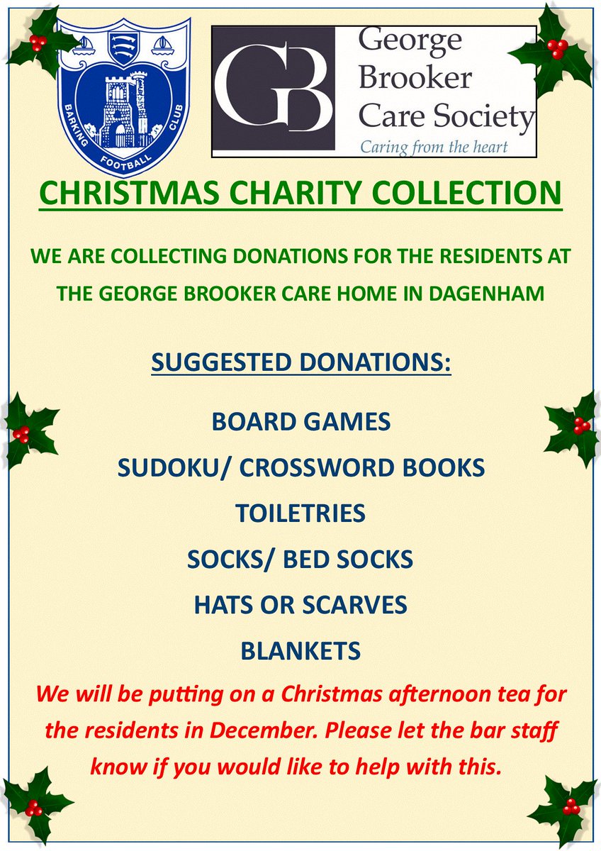 barkingfc's tweet image. CHARITY COLLECTION

From tomorrow's fixture against @RomfordFC onwards, we will be collecting for the George Brooker Care Society in the runup to Christmas!