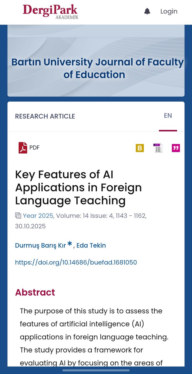 Çalışmamız Bartın University Journal of Faculty of Education'da yayımlandı. Çalışmamızda 13 kategori altında 96 farklı YZ uygulamasını, dil öğretiminde kullanım alanları ve sundukları özellikler açısından inceledik.

Makaleye buradan ulaşabilirsiniz:
dergipark.org.tr/en/pub/buefad/…