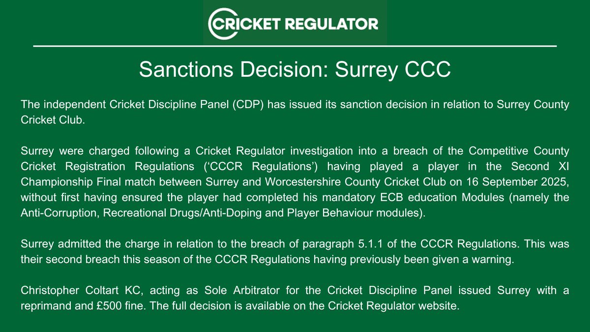 Sanctions decision - Surrey CCC

➡️cricketregulator.co.uk/news/4394222