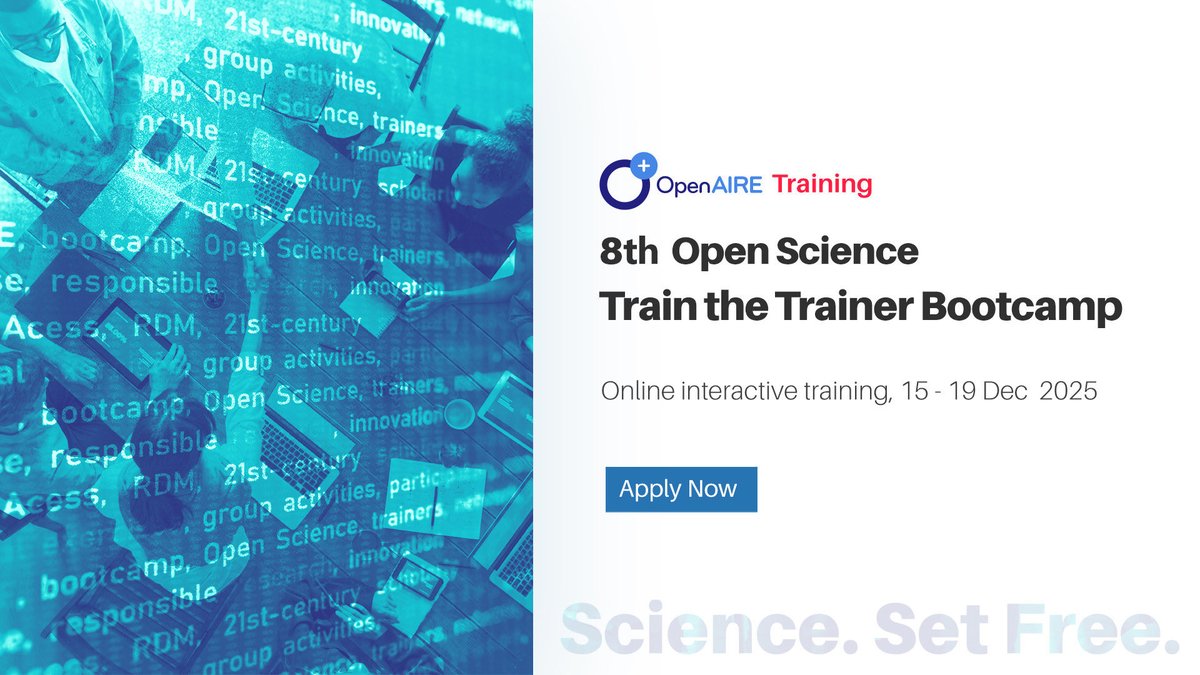 OpenAIRE_eu's tweet image. Applications are open for the 8th OpenAIRE Open Science Train-the-Trainer Bootcamp!

Empower yourself to train others in #OpenScience, #RDM, #FAIRdata &amp;amp; #OpenAccess and join a vibrant network of trainers worldwide 

🗓 Bootcamp: 15–19 Dec 2025 

👉Read more &amp;amp; register:…