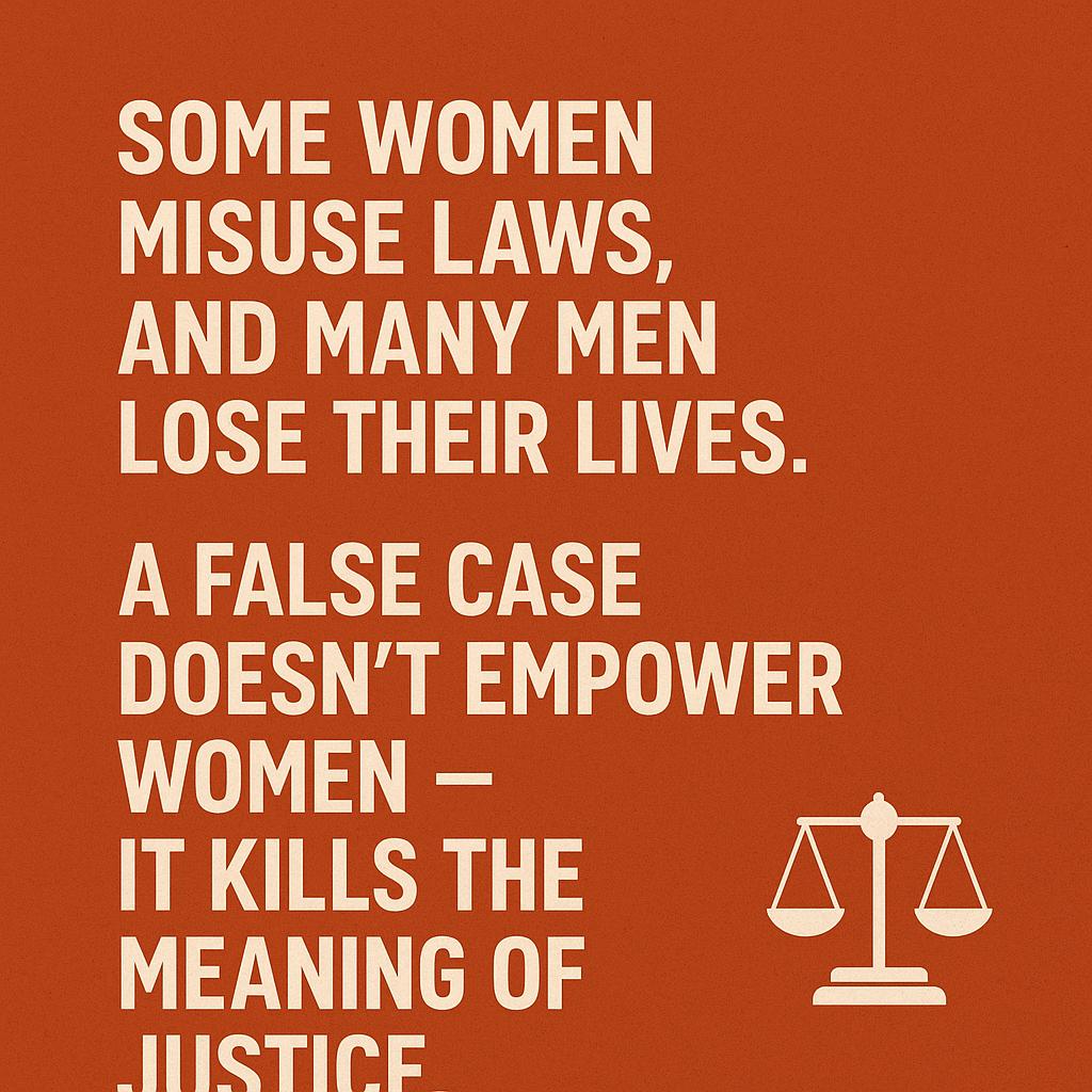 Some women misuse laws, and many men lose their lives.
A false case doesn’t empower women — it kills the meaning of justice. 
<a href="/manish_sindwani/">manish sindwani</a>
<a href="/MenTooSave/">MenToo</a>
<a href="/SiddiquiNshd03/">Mohammed Naushad Siddiqui</a>   #NyayPrayaas4Men
#EmergingBharat4Men2025
#EmergingBharat4Men
#mentoo