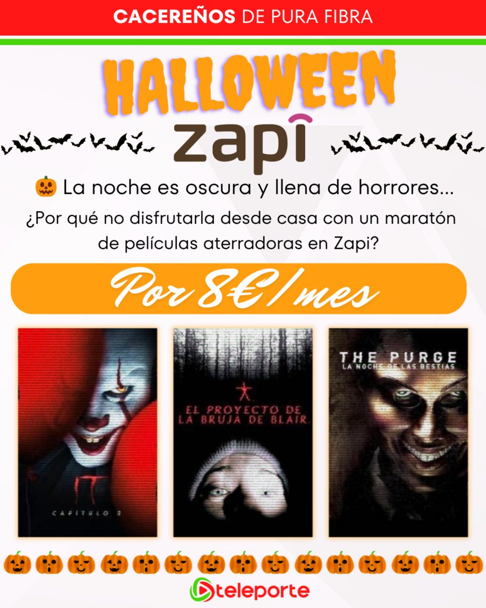 💀 La noche es oscura y llena de horrores...
Pero los cacereños de pura fibra la disfrutan en casa 😏🍿

Maratón de pelis de miedo en Zapi por solo 8€/mes.
¡Conéctate con Teleporte y que empiece el terror! 🎬🕸️

#HalloweenZapi #Teleporte #CacereñosDePuraFibra #TerrorEnCasa