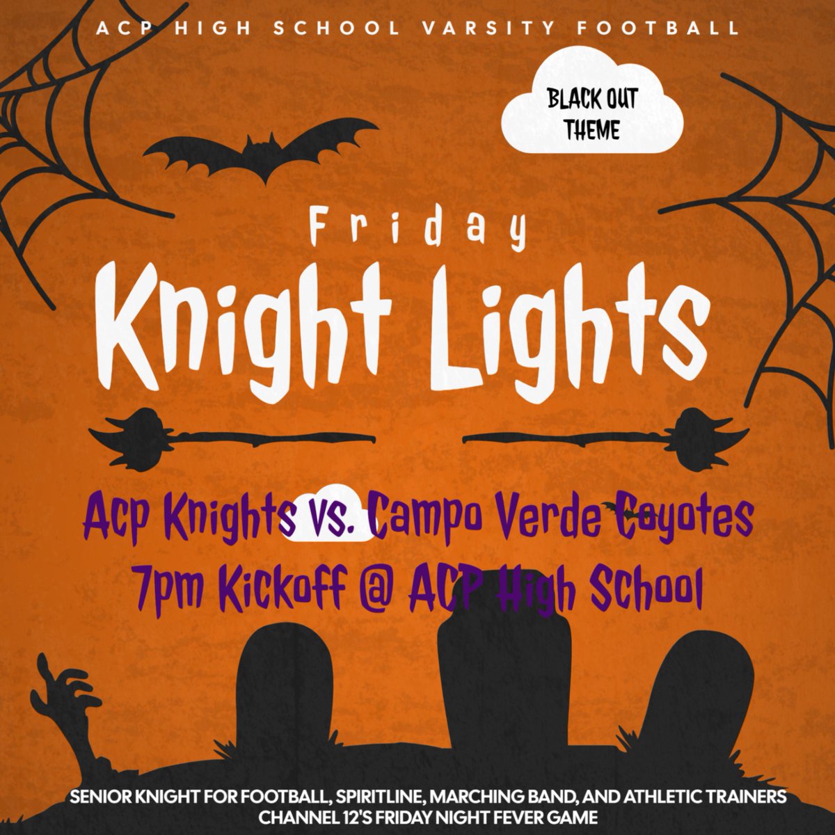 Friday Night Lights: Halloween Edition! It’s SENIOR NIGHT and Channel 12’s Friday Night Fever! Join us as we celebrate our amazing seniors. Let’s pack the stands!  #FridayNightLights #SeniorNight #FridayNightFever #HalloweenGame #ACPFootball @cusdathletics