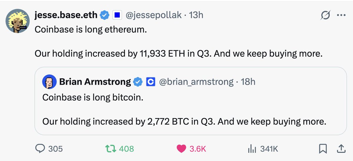 Jesse PollakとBrian ArmstrongのCoinbaseのETHおよびBTC保有に関するツイートのスクリーンショット