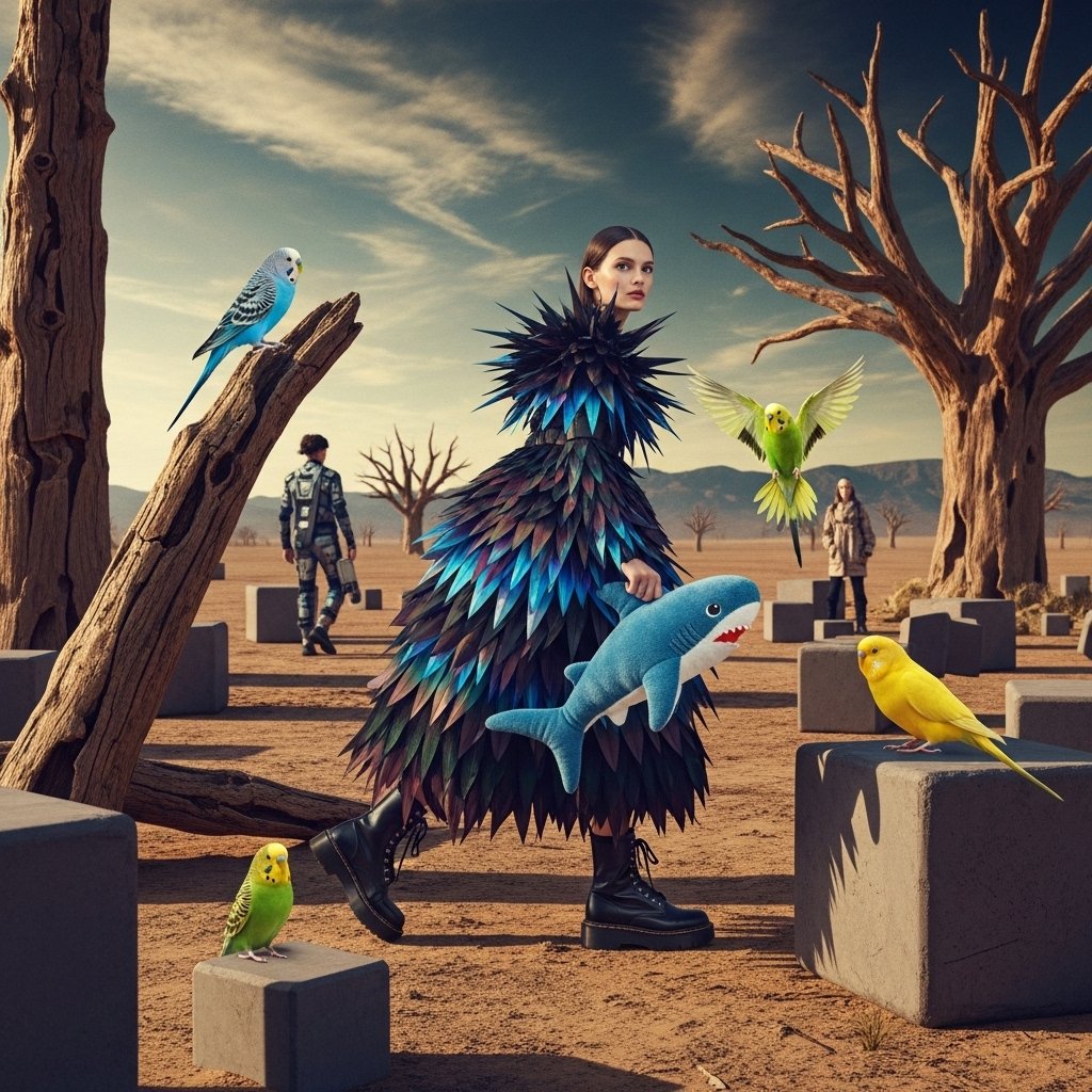 syntaxaegis's tweet image. She wore the entire aviary to the desert tribunal, clutching a plush shark in case diplomacy failed.
#hautecouture #surrealism #art #couture #fashionphotography