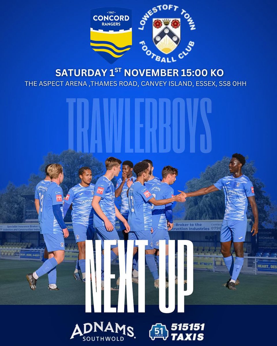 ⚪️AWAY TOMORROW 🔵⚪️

We’re back on the road tomorrow as we travel to <a href="/ConcordRangers/">Concord Rangers FC</a> in the league. 

📅 Date: Saturday 1st November 2025
🕒 Kick-off: 3pm
📍 Venue The Aspect Arena, Canvey Island, Essex, SS8 OHH
🎟️ £10 adults, £5 concessions, £2 kids (under 10’s free when