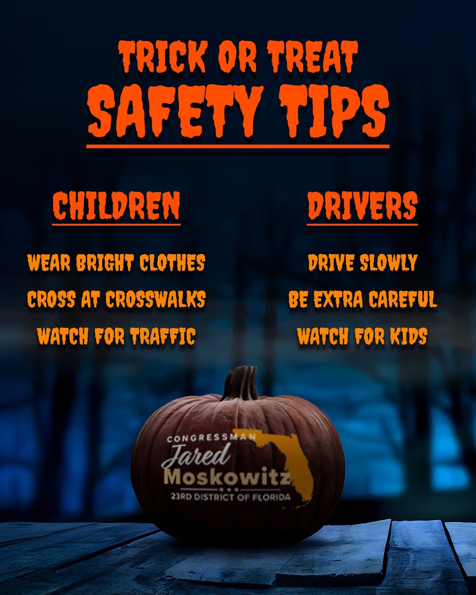 RepMoskowitz's tweet image. Happy Halloween, Florida!

For any families going out trick-or-treating, remember these terrifying tips to stay safe on this spooky night:

Trick-or-Treaters:
🎃 Wear bright clothing
🎃 Cross at crosswalks
🎃 Watch for traffic

Motorists:
🚘 DRIVE SLOWLY