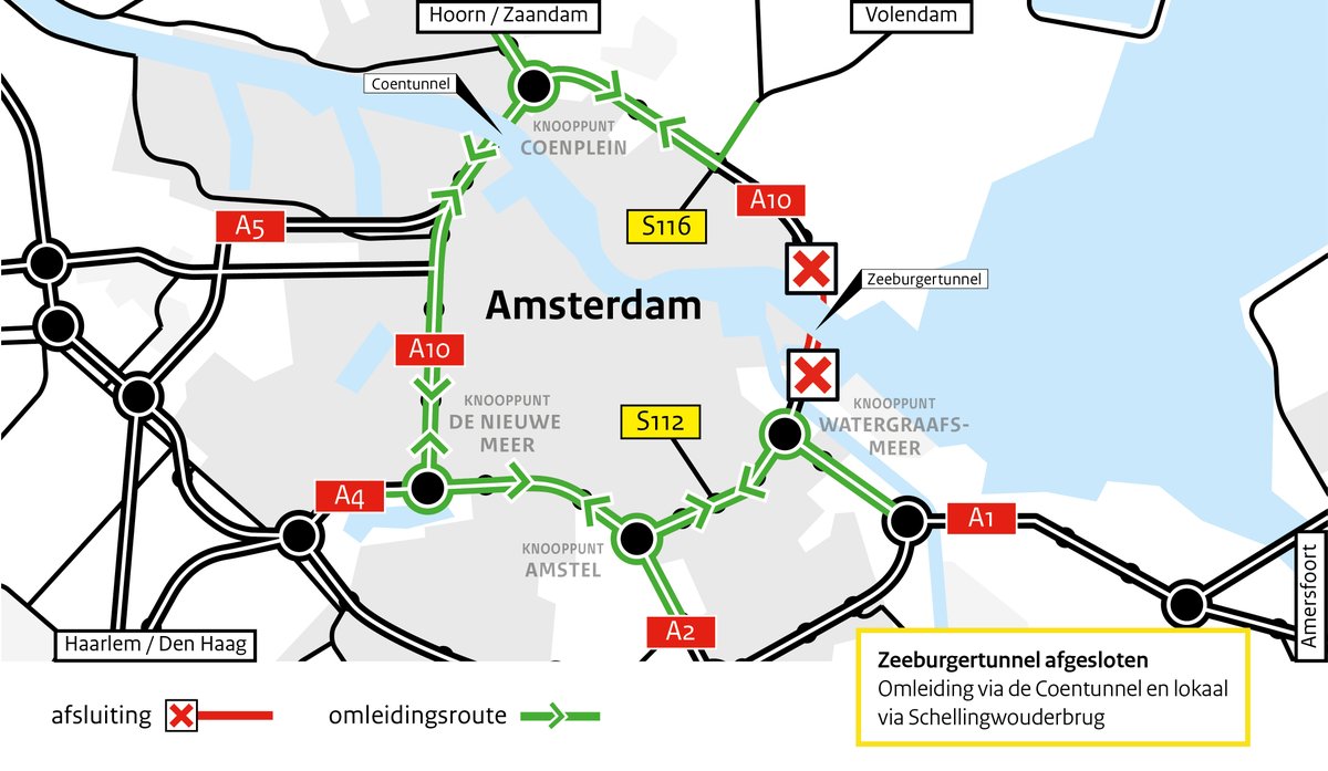 Let op! Reis je vanavond vanaf 21.00 uur via de Zeeburgertunnel, Ring A10? Dan word je omgeleid. Tot zaterdag 05.00 uur is de tunnel in beide richtingen dicht wegens onderhoud. Doorgaand verkeer wordt omgeleid via de Ring van Amsterdam. Lokaal verkeer via de Schellingwouderburg.