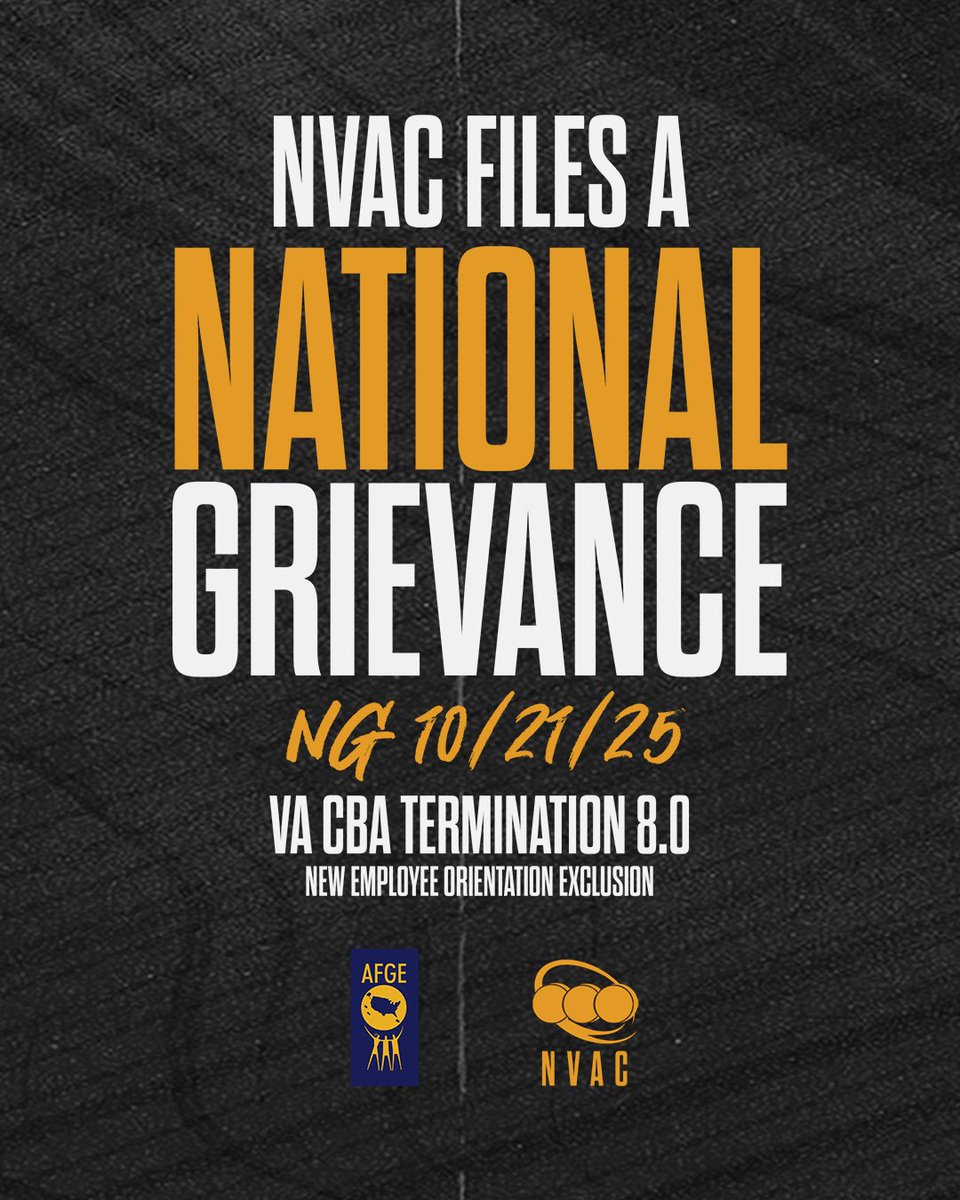 NG: 10/20/25 - National Grievance against the Department of Veterans Affairs for its removal of the Union from VA Facility Committees.⁠
⁠
NG: 10/21/25 - National Grievance against the Department of Veterans Affairs for its exclusion of the Union from New Employee Orientation.