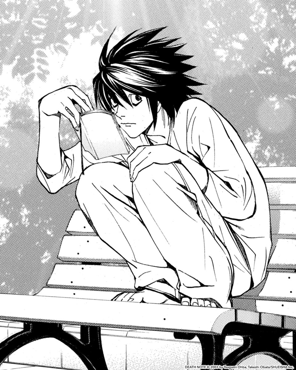 VIZMedia's tweet photo. Solving the world’s toughest mysteries in the most uncomfortable sitting position while running on only sweets. Happy birthday, L!🕵️‍♂️ 🍰☕🍬 #DeathNote https://t.co/FDgS3mzXv8