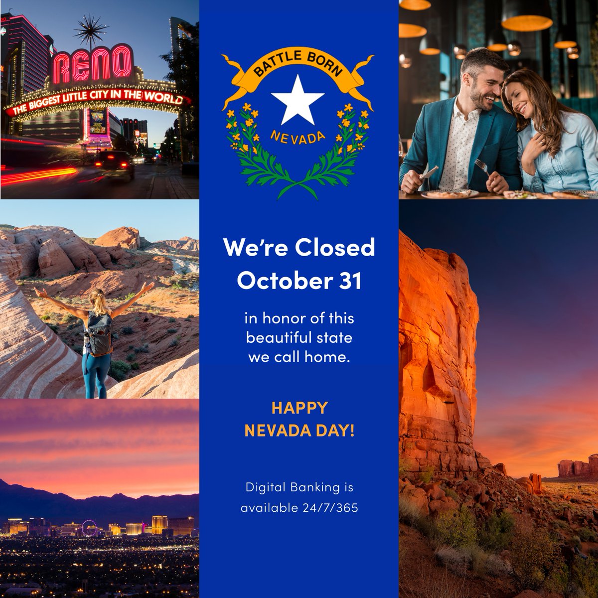 Quick Reminder: All branches will be closed today, Friday, October 31, for Nevada Day!🎉 Wishing everyone a safe and spooky celebration today!👻 🎃 #NevadaDay #OneNevada #HappyHalloween